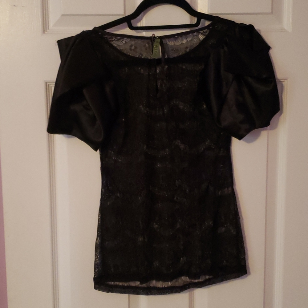 Black sheer top with puff satin like sleeve - Picture 2 of 2